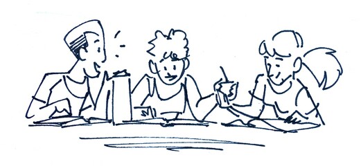 Group of young people studying and sharing mate drink - casual ink illustration