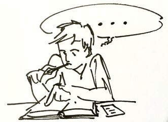 Man studying a book and thinking - casual ink illustration