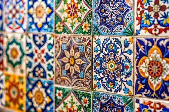 White and colorful ceramic tiles blend in a captivating ethnic mosaic, a blurred patchwork of artistic design.