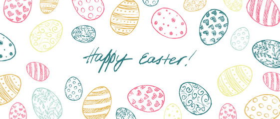 Decorated Easter pastel eggs frame drawing in black brush stroke texture isolated on white background. Hand drawn vector sketch illustration in vintage charcoal ink. Easter decoration, holiday symbol