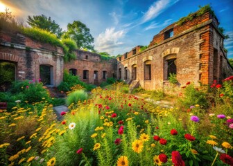 Fototapeta premium Wildflowers sprout from decaying Civil War fortresses; a surreal, overgrown battlefield, history's quiet surrender.