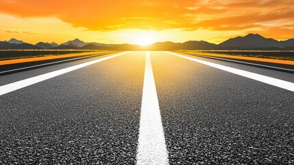 Asphalt Road Leading to Orange Sunset with Silhouetted Mountains