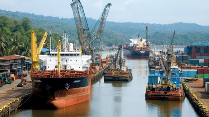 Fototapeta premium Busy harbor scene with ships, cranes, and lush greenery