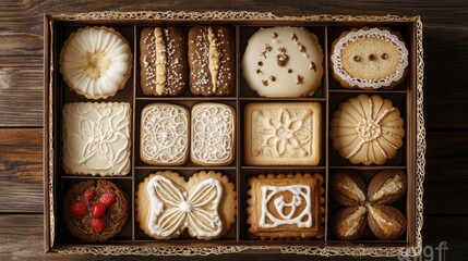 Fototapeta premium A hand-drawn set of assorted cookies neatly packed in a vintage-style box, with intricate details like lace patterns and delicate cookie designs.
