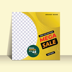 A vibrant, yellow social media graphic promoting a mega sale for a new collection.