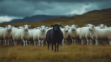 Fototapeta premium A black sheep stands out among a group of white sheep