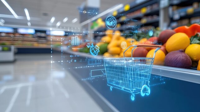 Grocery shopping experience supermarket digital innovations colorful produce aisle eye-level view smart retail solutions