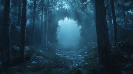 Obraz premium A mystical dark forest with fog and a glowing frame, 3D-rendered. 