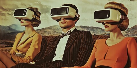Retro-styled illustration of vintage people wearing virtual reality headsets, emphasizing the contrast between the old times and the new.