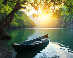 Serene lake view with a boat and vibrant trees at sunrise.