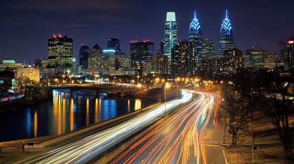 Fototapeta premium Nighttime cityscape with light trails and skyline