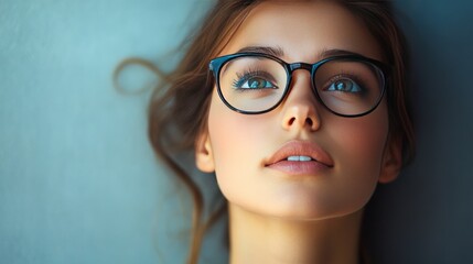 Fototapeta premium Portrait of a Young Woman with Glasses Looking Upward