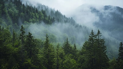 A rugged mountain wilderness covered in lush green pine trees. 
