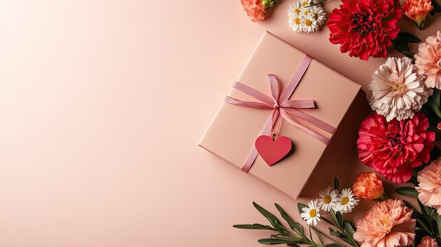 Open pink gift box adorned with a ribbon, accompanied by colorful flowers, creating a lovely setting for Mother's Day gifts
