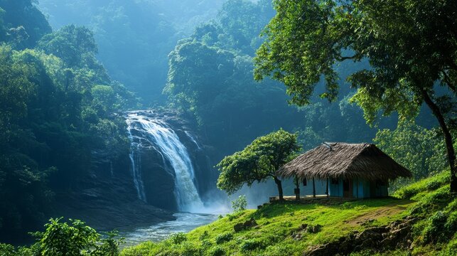 A scenic view of a small hut near Athirappilly waterfalls, Kerala. 
