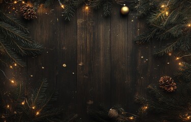 A wooden table decorated with a Christmas tree and twinkling lights