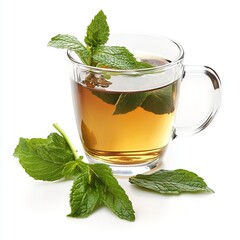  Refreshing Mint Tea: A Clear Glass Teacup Filled with Mint Tea, Garnished with Fresh Mint Leaves on a White Background - A Simple and Aromatic Still Life