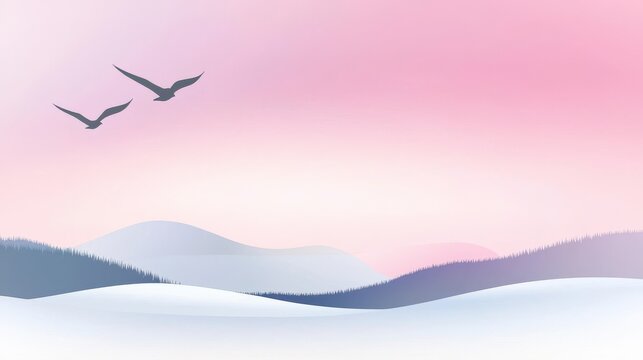 Pixelated Mountain Vista with Birds in Flight Under a Soft Gradient Sky