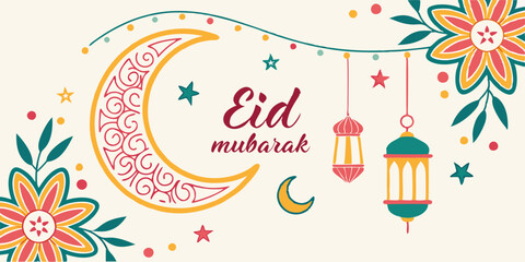 Eid ul-Fitr Eid Mubarak festival banner design, elegant Islamic celebration, crescent moon, lanterns, mosque, and festive decorations

