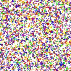 many letters of the alphabet arranged randomly in various sizes, rotations, and mixed colors forming an ideal background concept for school and teaching