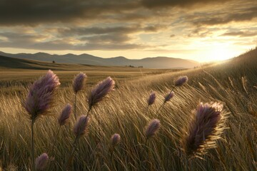 Serene Sunrise Over Grassy Field and Mountains