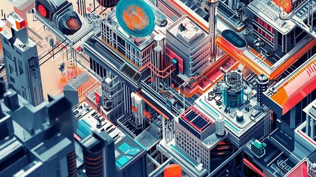 Futuristic Cityscape: A vibrant, isometric digital painting of a complex, interconnected city, showcasing towering buildings, intricate networks, and advanced technology.