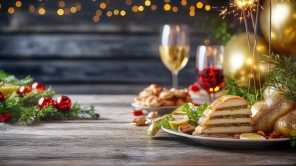 Fototapeta premium Festive Feast: A beautifully arranged festive table setting with delectable dishes, sparkling wine, and a touch of holiday cheer. A culinary delight is perfect for celebrations. 