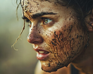 Close-up portrait of a determined woman with dirt on her face, symbolizing strength, resilience, and overcoming challenges in a raw and intense moment of focus.