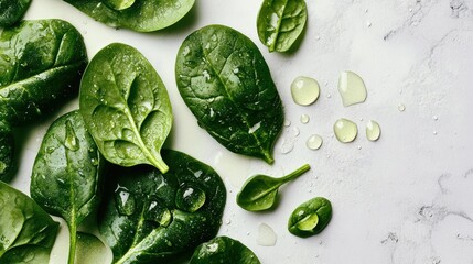 Obraz premium Fresh Spinach Delight: A close-up shot showcases vibrant green spinach leaves, glistening with water droplets, creating a visual symphony of freshness.