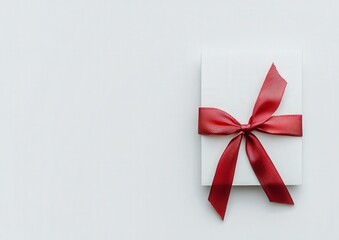 A white gift box adorned with a bright red bow set against a white background
