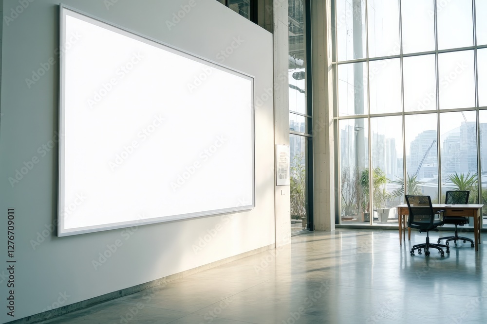 Poster there is an empty room that features many windows plus a grid on the wall