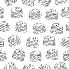 Burger seamless pattern on yellow background. Cheeseburger sketch doodle line art motif for packaging, menu, fast food fabric