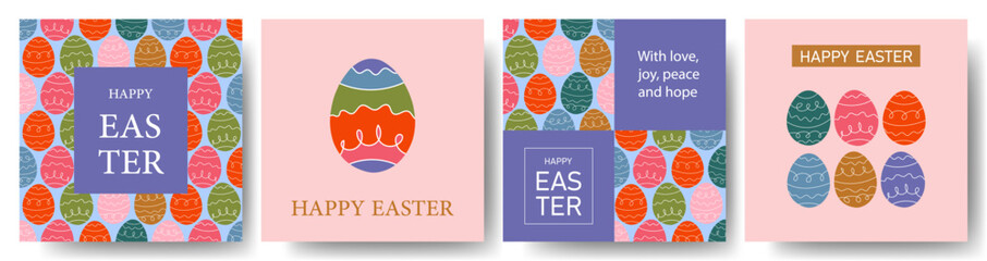 Happy Easter cards and poster set with bright Easter eggs. Easter banners, frams, covers, labels templates set. 