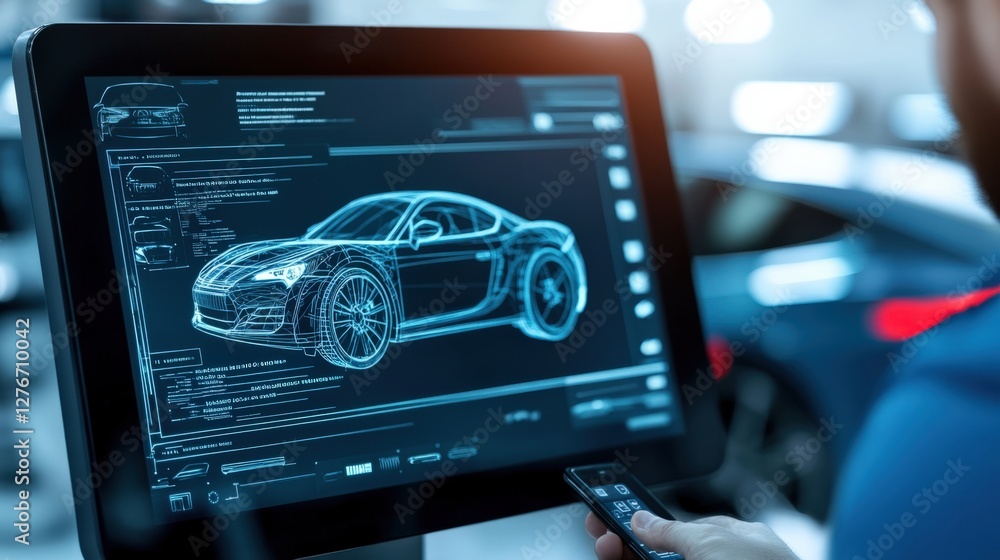 Poster analyzing automotive design trends virtual workshop digital blueprint tech hub close-up view innovat