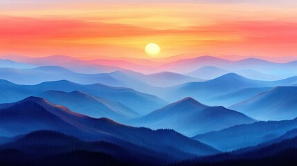 Obraz premium Mountain range sunset vista, vibrant colors, hazy atmosphere