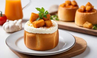 Savory Bread Bowl with Creamy Topping and Crispy Snacks on Plate