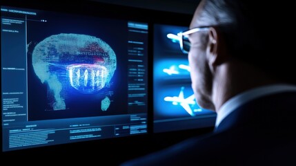 Corporate technology analysis office setting digital visualization high-tech environment close-up view data interpretation