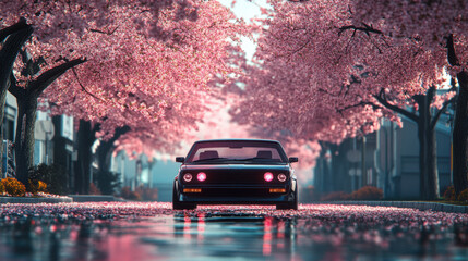 Obraz premium Car with beautiful cherry blossom flower at full blooming in Spring.