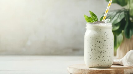  Refreshing Smoothie: A refreshing smoothie is presented in a mason jar, decorated with a stylish straw and fresh mint leaves, suggesting a healthy and delicious beverage