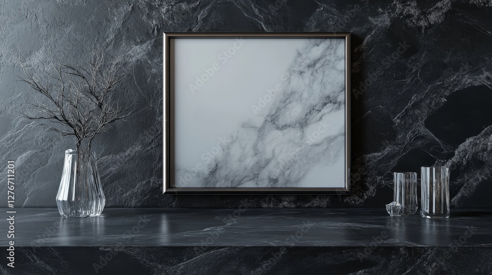 Poster a sophisticated silver frame adorned with a light crystal pattern on a stone table