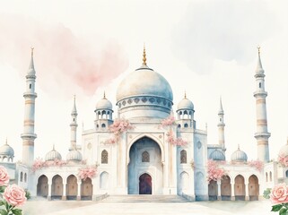 Fototapeta premium Watercolor Illustration of dreamy mosque in white beige blush pastel colors with flowers transluscent ethereal ramadan kareem eid mubarak greeting card blank design template wallpaper background
