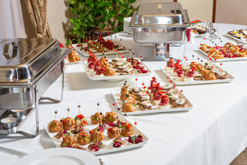 Catering buffet or service with different snacks, appetizers and canapes on a table. Variety of Freshly Prepared Catering Food for an Event.