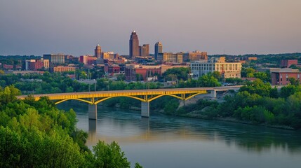 Fototapeta premium Scenic city skyline at sunset with river and bridge