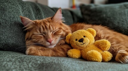 A dozing orange cat and a stuffed toy lying on a green cover