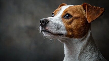 A little white and brown canine with a black nose and dark eyes