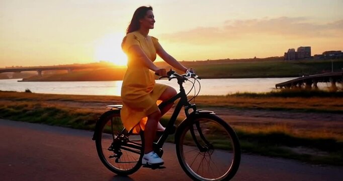A woman in a yellow dress rides a bicycle along a riverside path at sunset. A bridge, flowing river, and distant buildings are visible in the background.