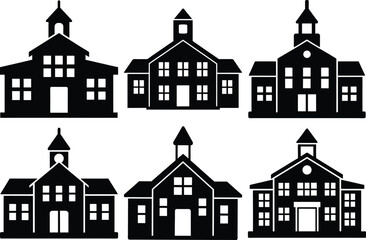 School Building Silhouette Set, Exterior house silhouette Icons