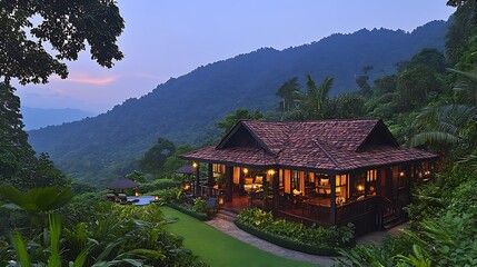 &bull; Uncomplicated garden villa resort and spa, displayed against a radiant white setting without disruptive shadows. The smooth structure radiates clarity, while delicate landscaping hints at 