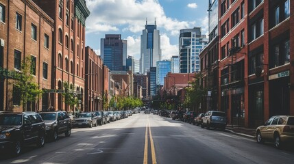 Street lined with city buildings. 