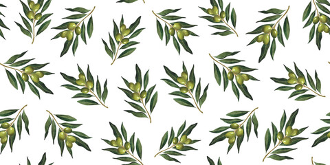 Watercolor olive branches seamless pattern For wallpaper olive oil wrapping paper Floral print Botanical decoration Italian plant design Organic Natural background